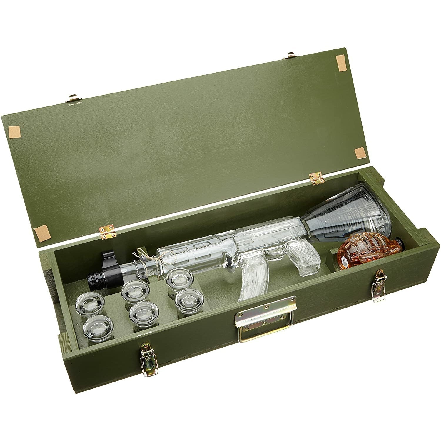 Red Army AK-47 Kalashnikov Vodka Vol. 1l + Liqueur Grenade Vol. 0,2l in Wooden box with 6 Shot glasses
